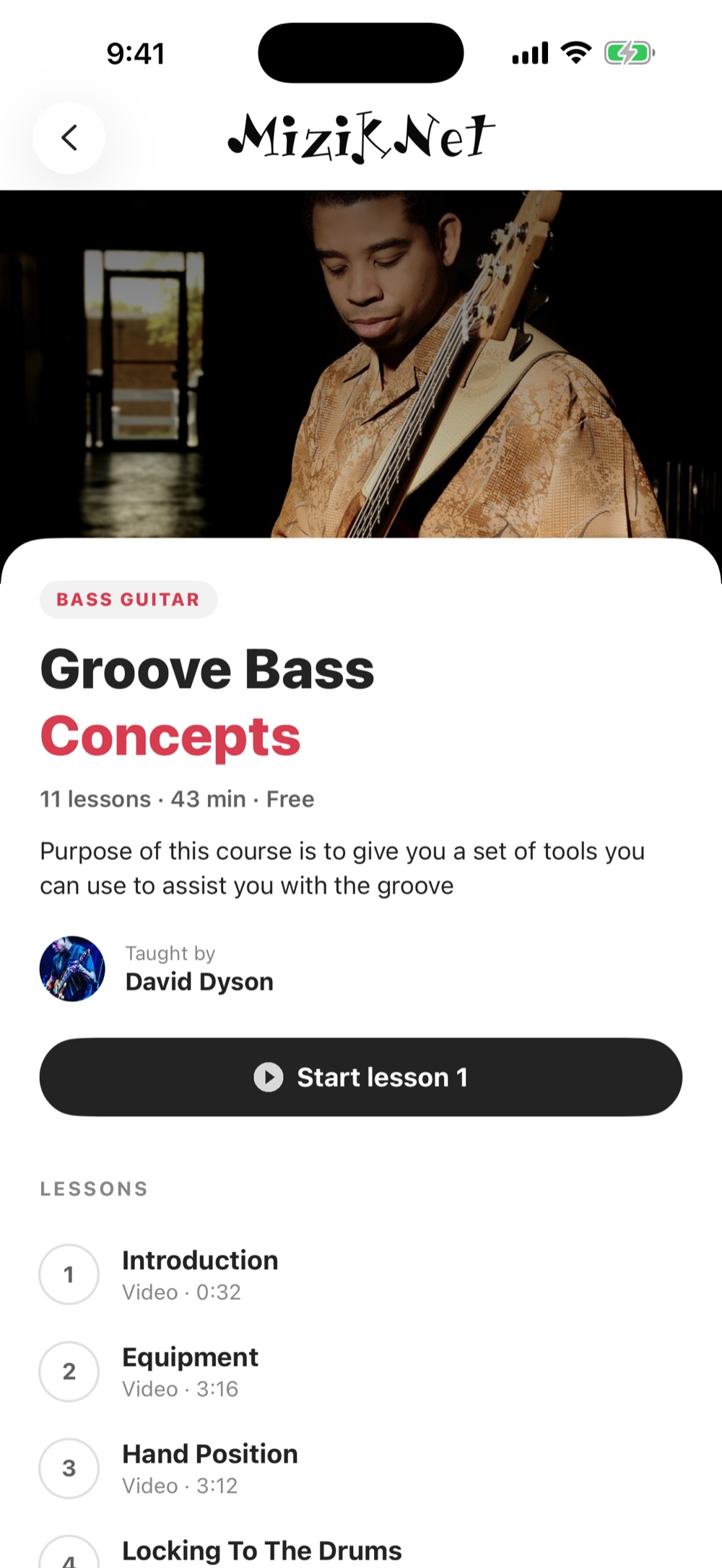 The Groove Bass Concepts course page taught by David Dyson