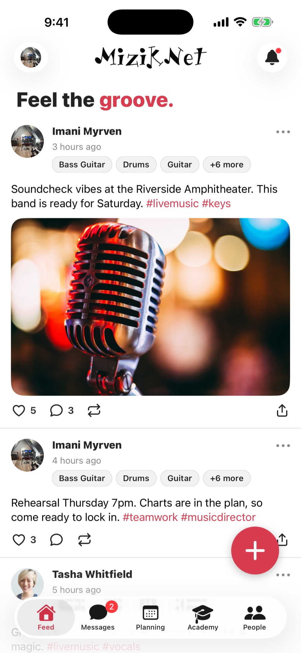 The MizikNet home feed with posts from musicians