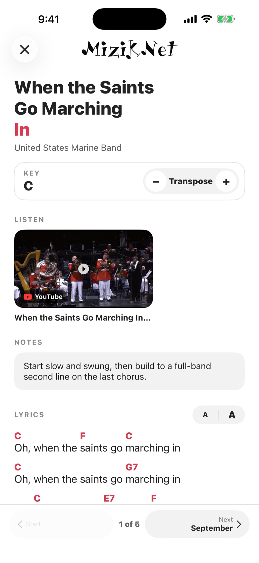 A song with chord chart, transpose control and notes in a MizikNet plan